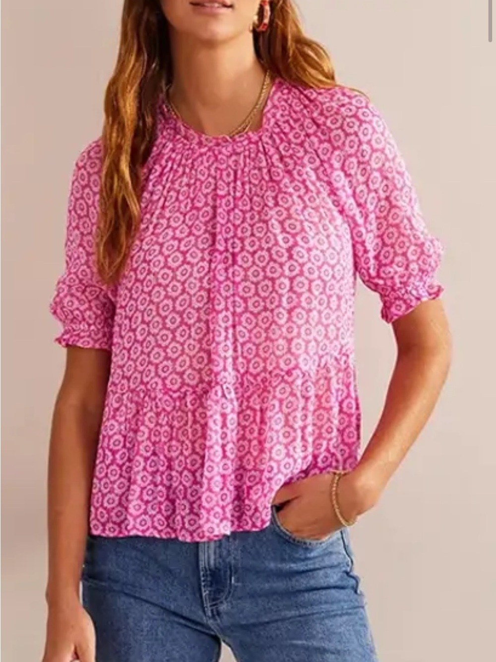 Boden Pink Floral Smocked Sleeve Blouse